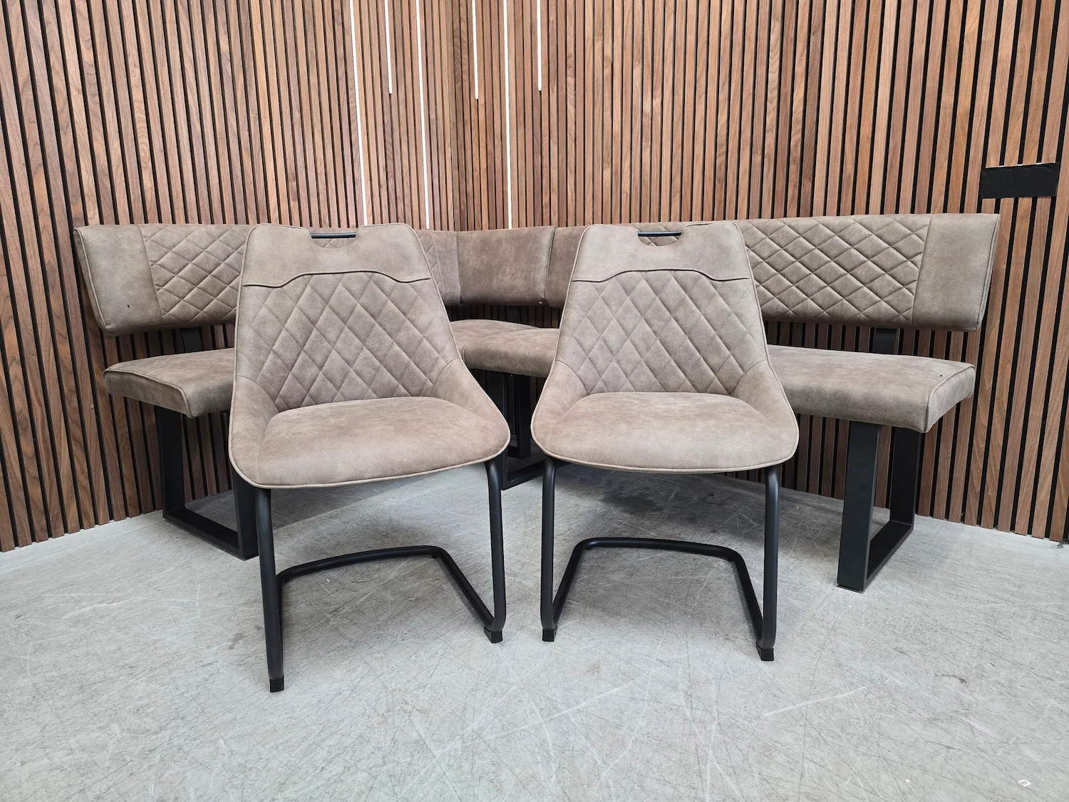 furniture village warrior right hand facing corner dining bench and 2x chairs in brown faux leather