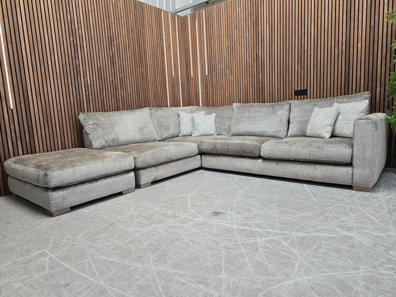 majestica left hand facing corner sofa and footstool in silver chenille