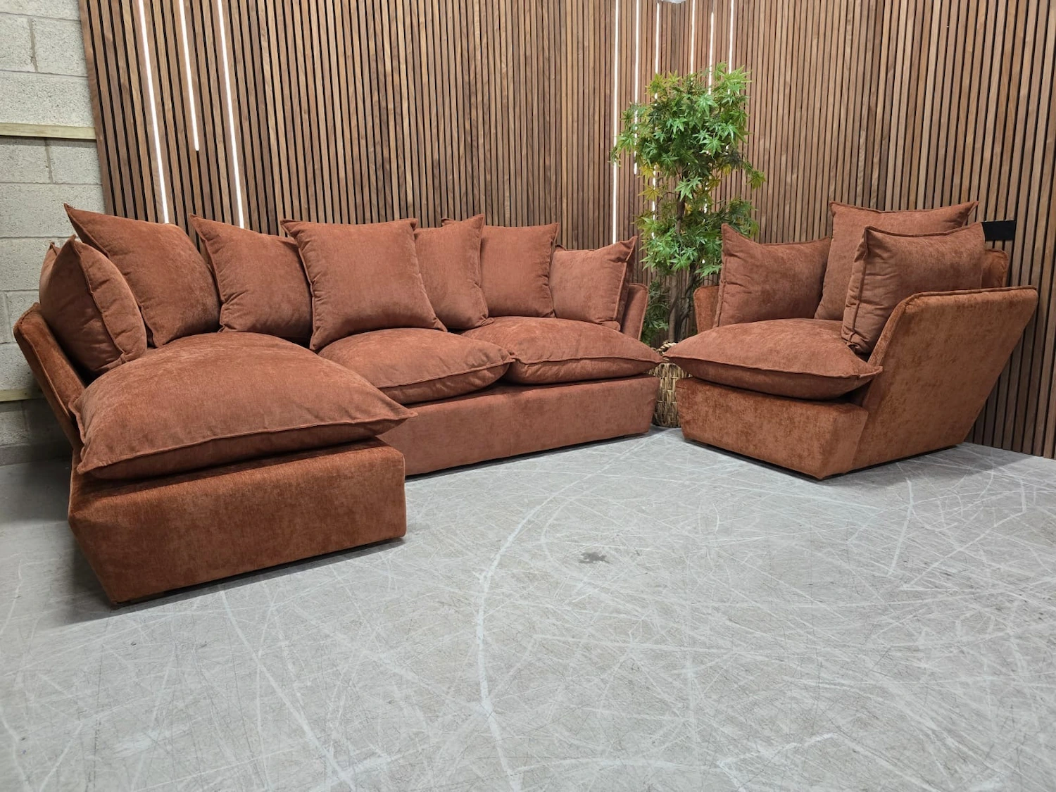 sofa.com left hand facing chaise sofa & armchair in Koi (burnt orange)