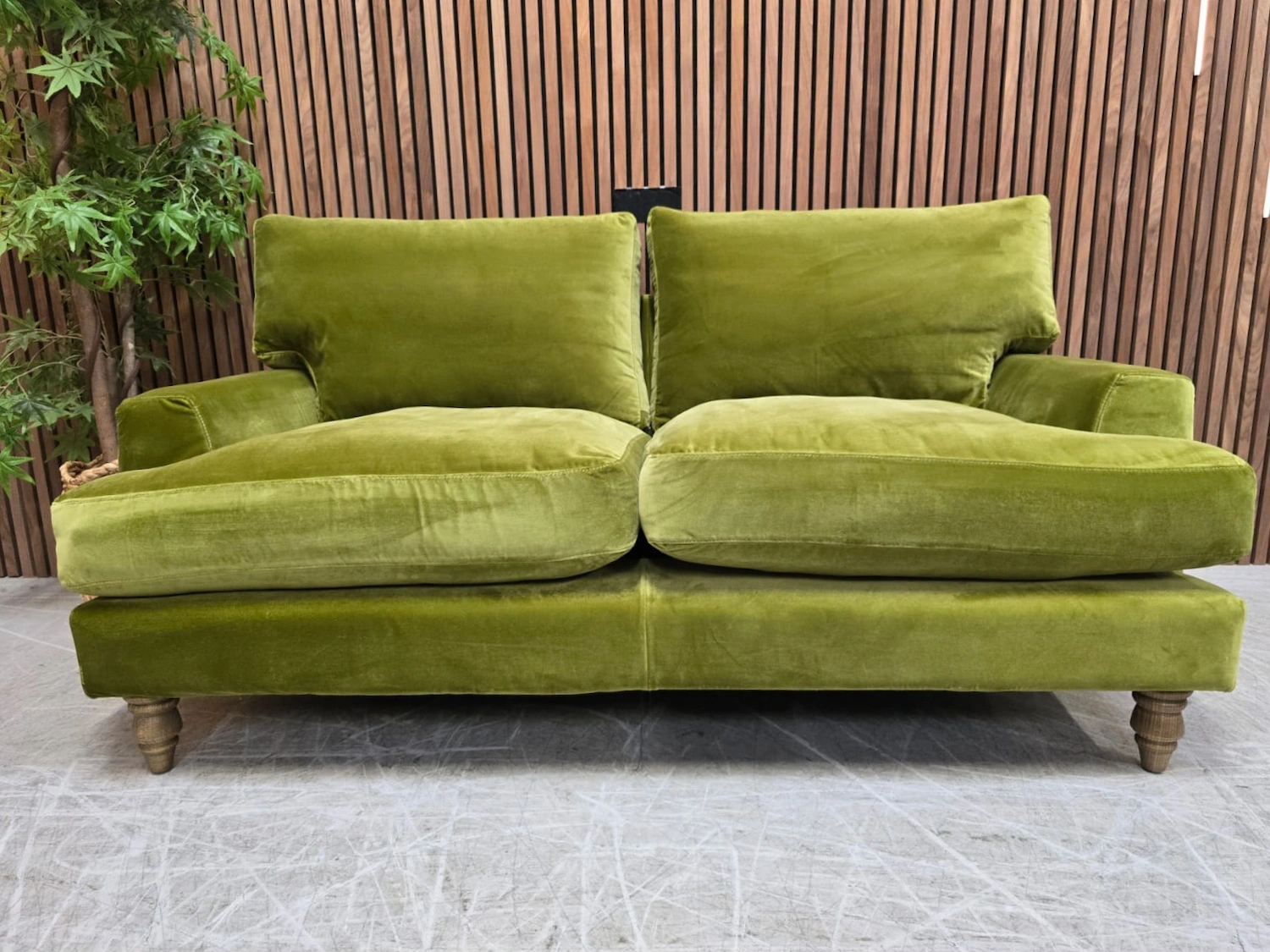 isla 2 seater sofa front photo in olive cotton matt velvet