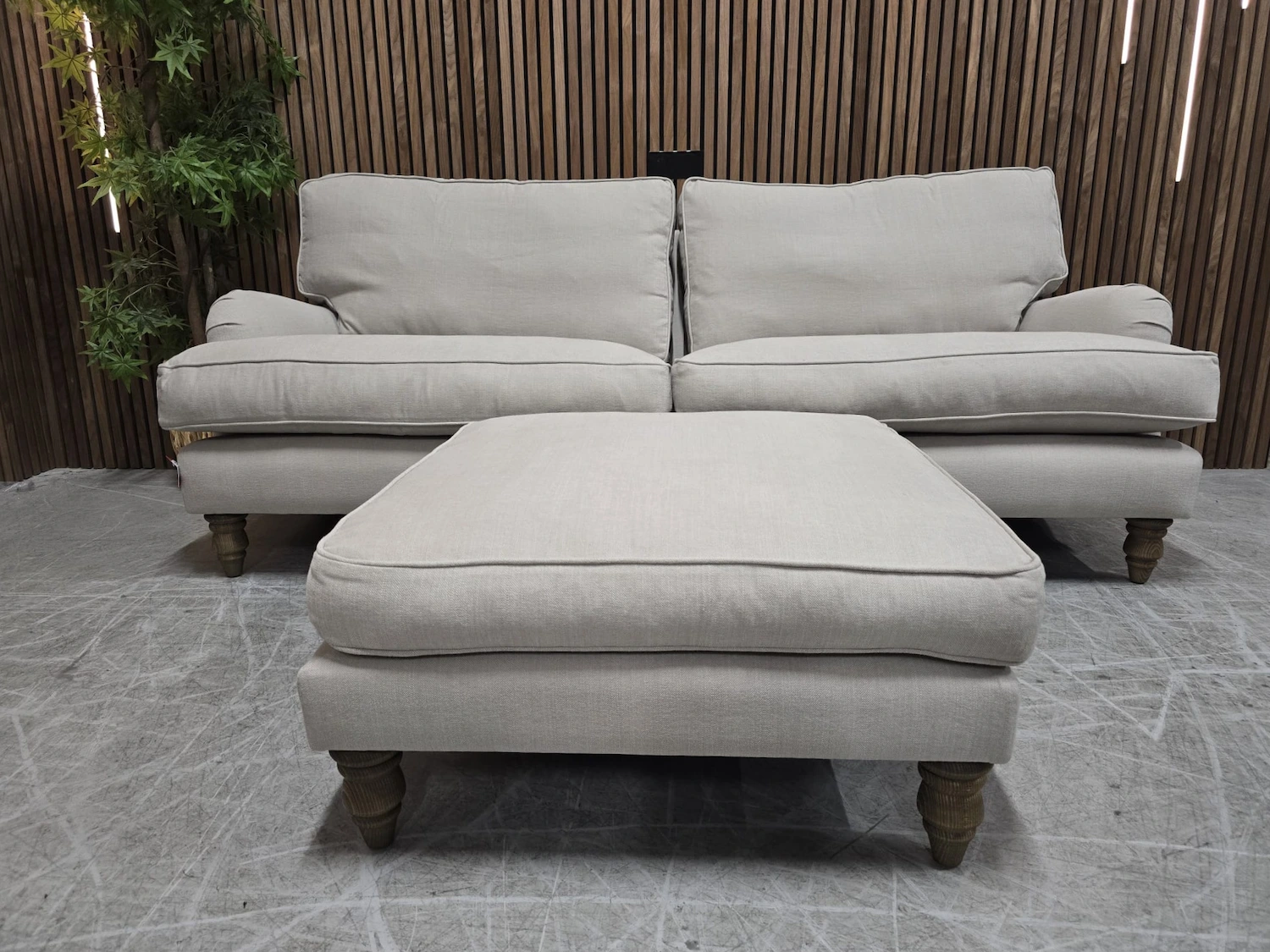 bluebell 3 seater and footstool in taupe brushed line cotton