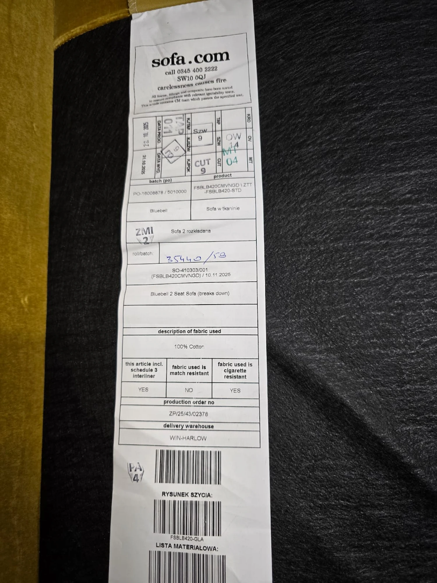 picture of the tag on the bluebell 2 seater sofa in nerfetti