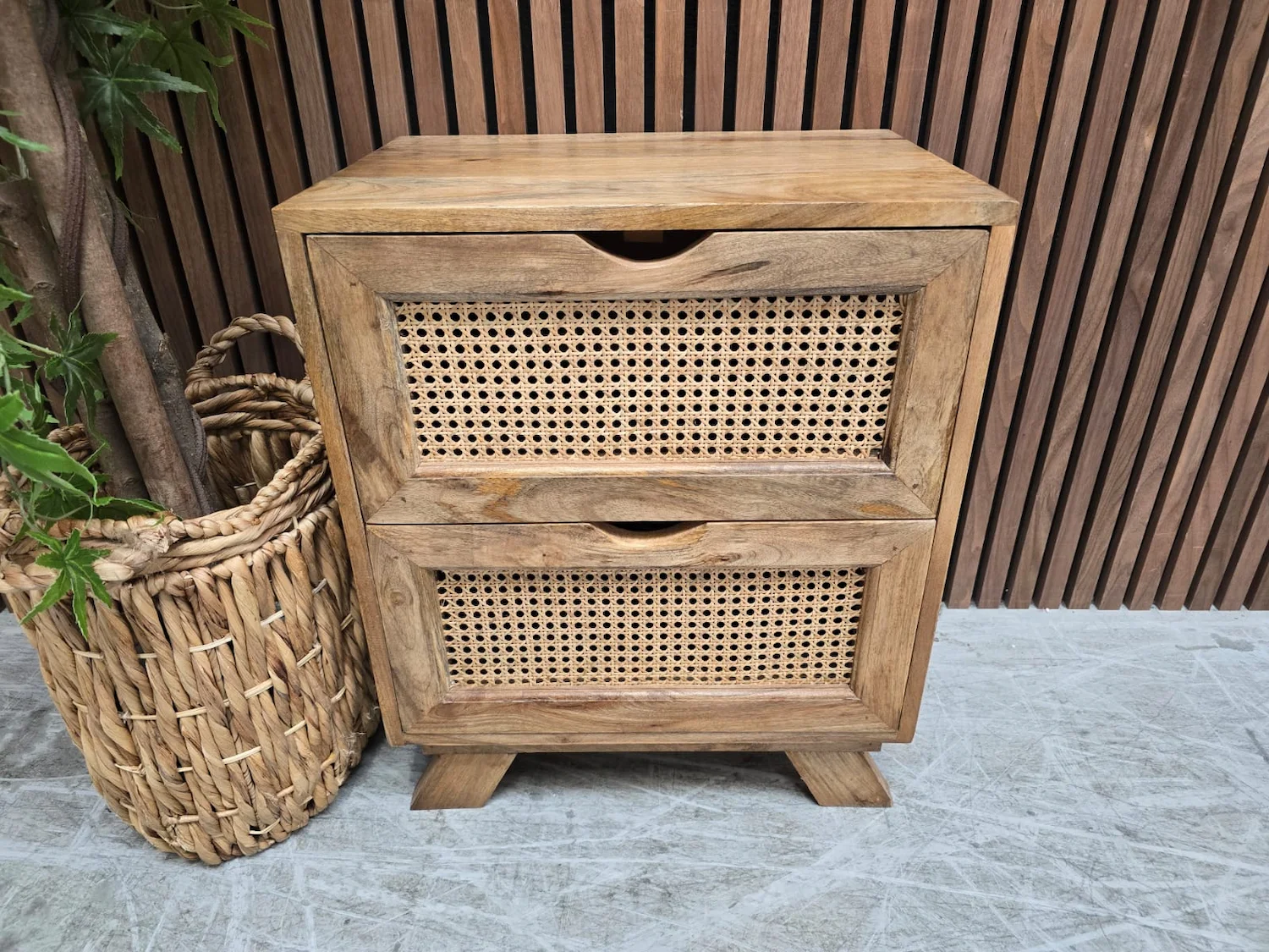 boho rattan and mango wood 2 drawer bedside cabinet