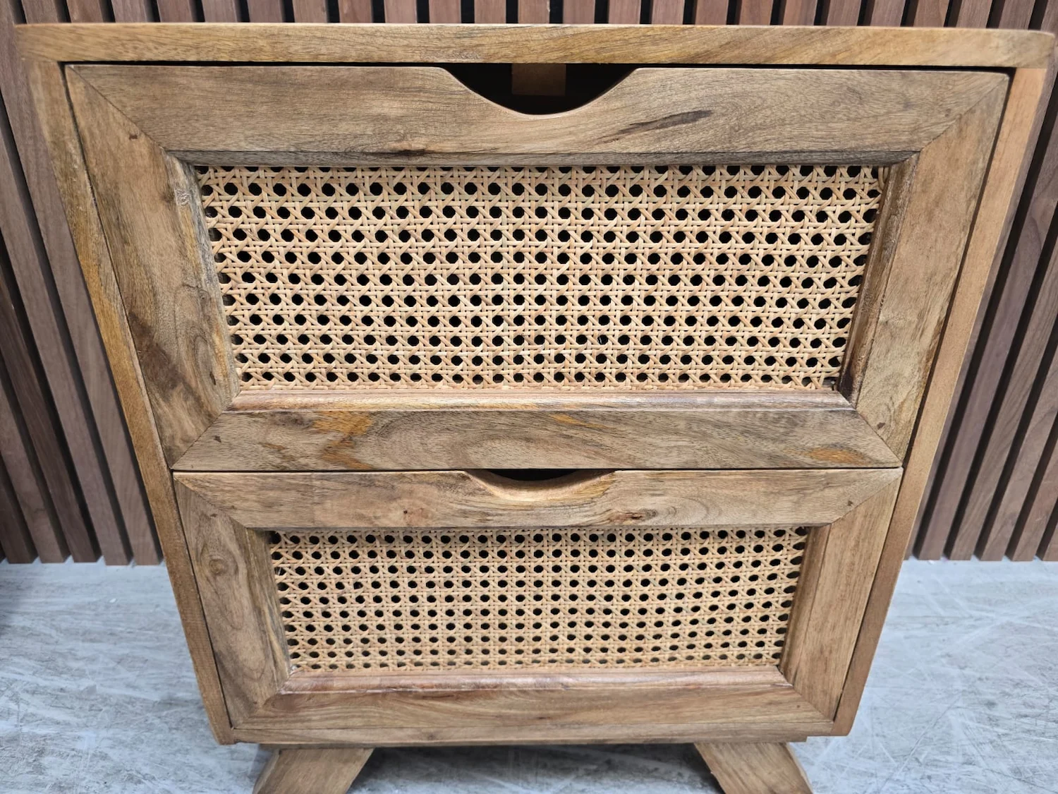 close up of the two rattan drawer fronts