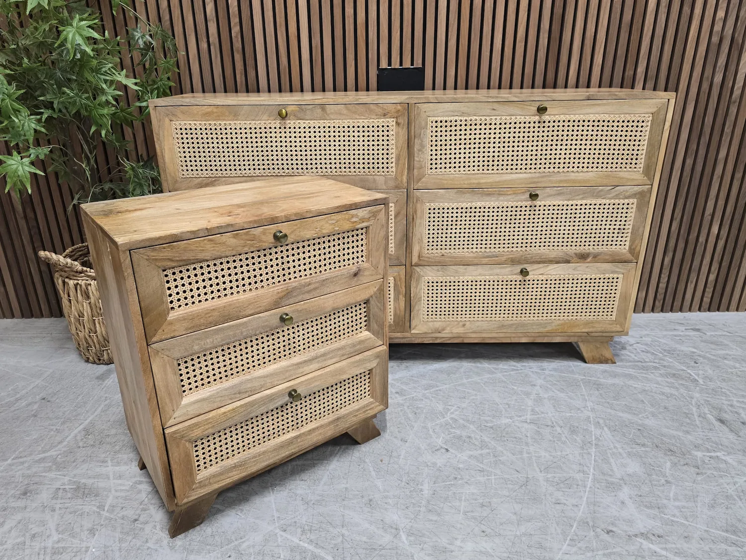 boho rattan & mango chest of drawers and bedside tables