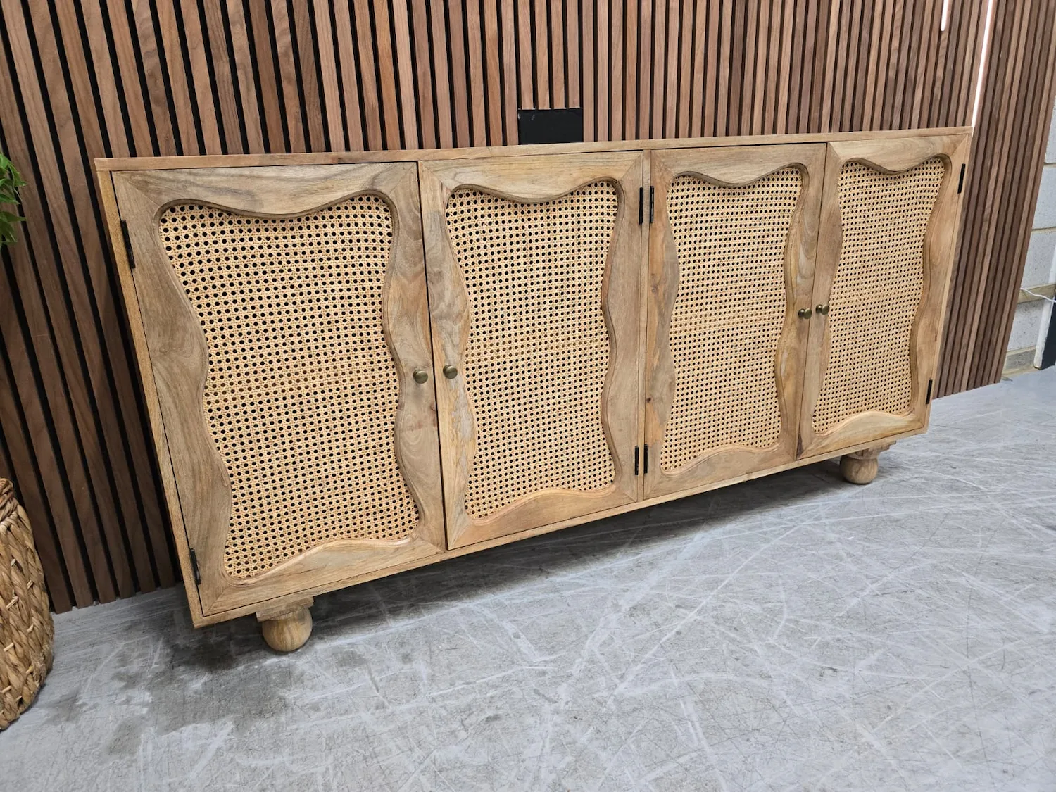 rustic mango wooden and rattan sideboard from the left side
