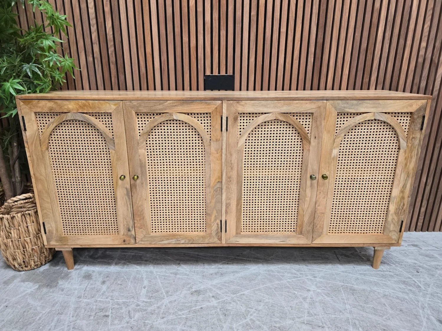 boho style mango wood and rattan 4 door sideboard