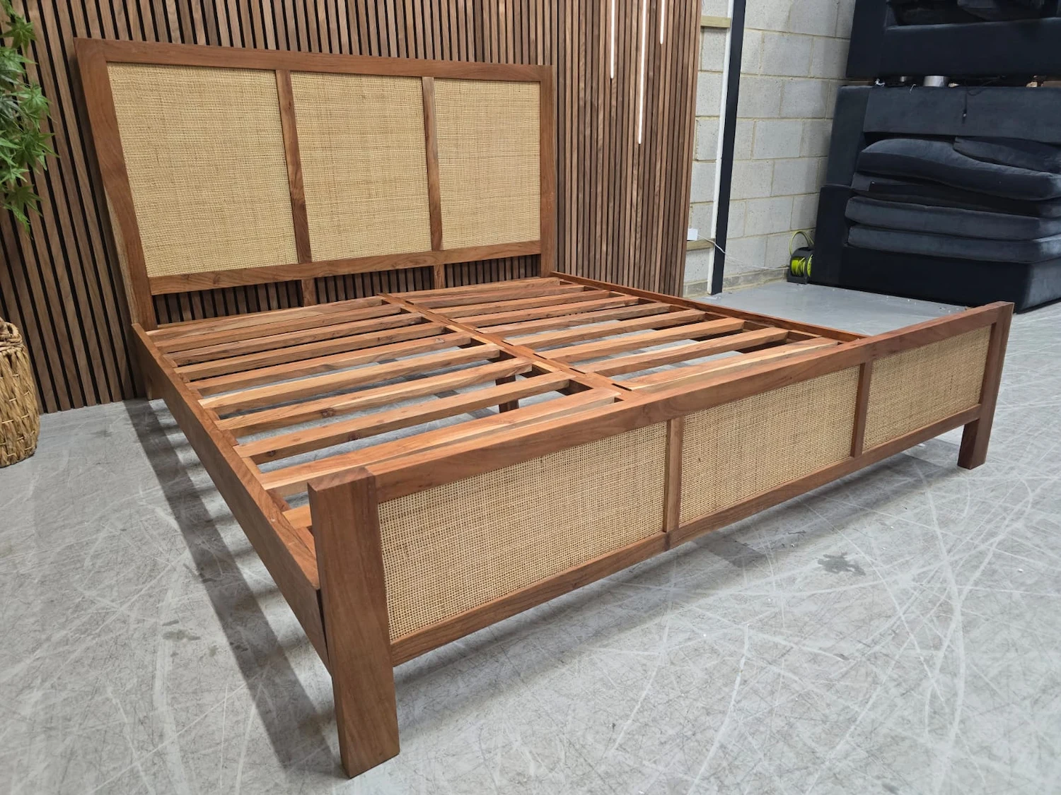 Boho wood & Rattan super king bed 3 boho style sheesham wood and rattan super king bed frame from the left side