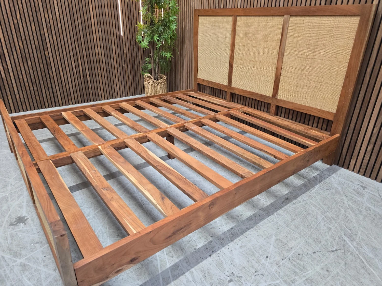 Boho wood & Rattan super king bed 4 wooden slats on the boho bed