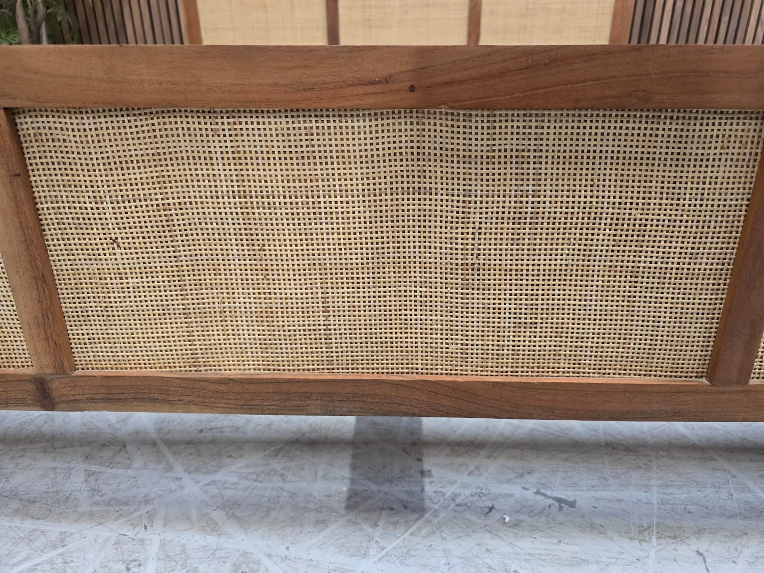 Boho wood & Rattan super king bed 5 close up of the synthetic rattan weave on the footboard