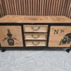rustic fir wood storage coffee table with motorbike decal