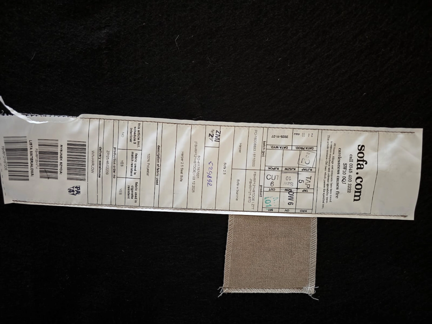 photo of the tag on the haper 2.5 seater in doe