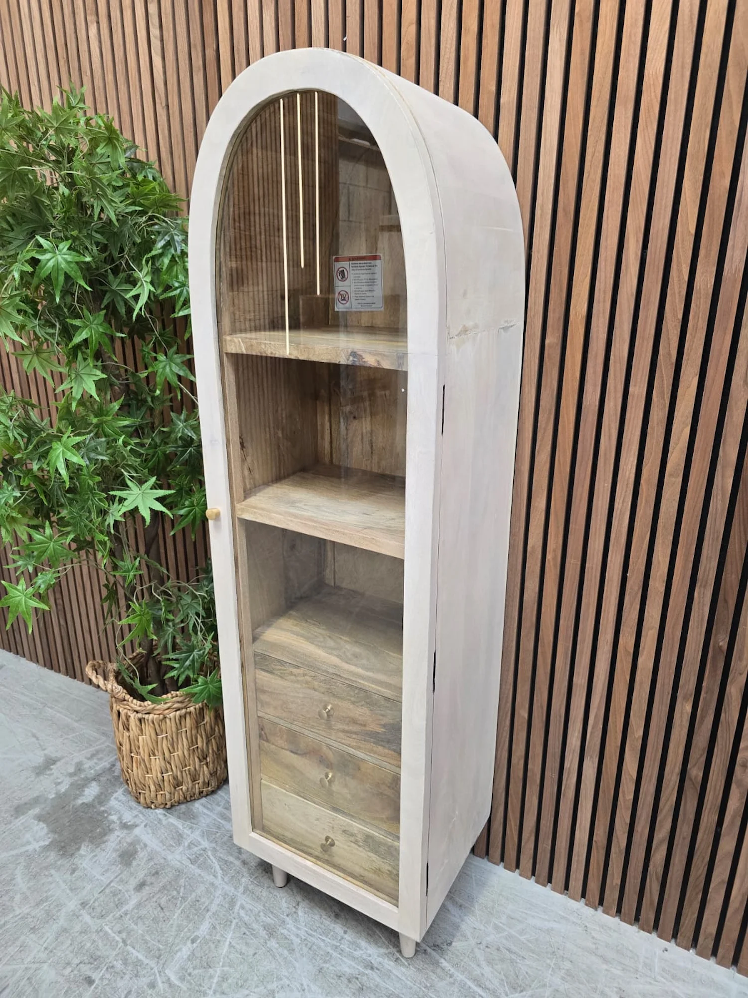 atomic white wash mango wood arched glass cabinet