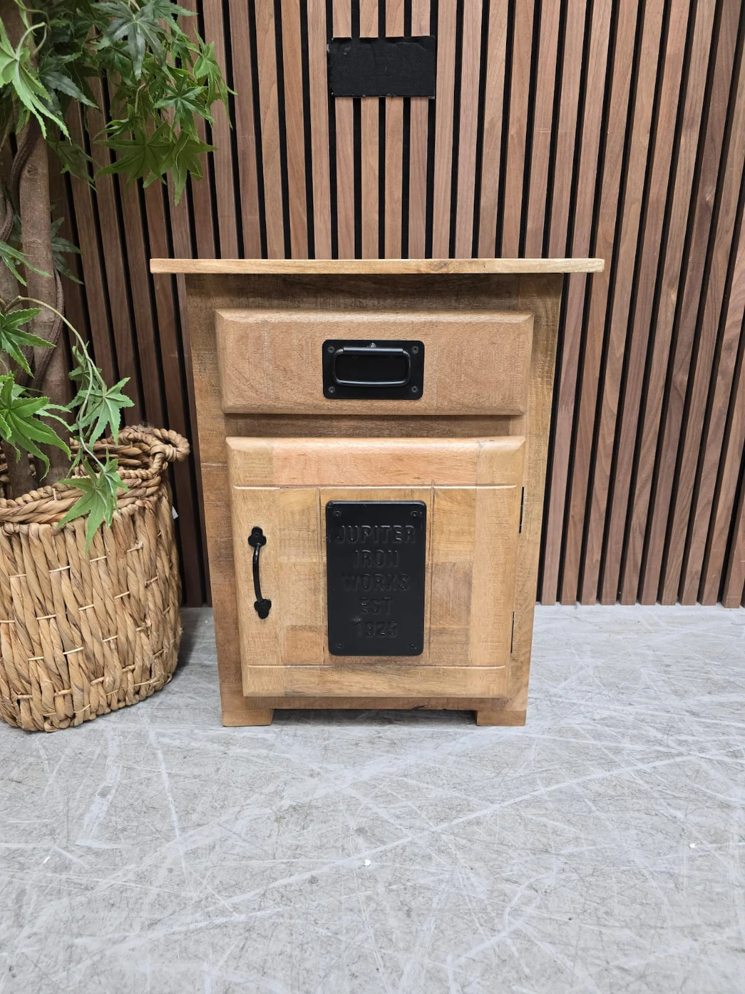industrial mango wood and iron bedside cabinet