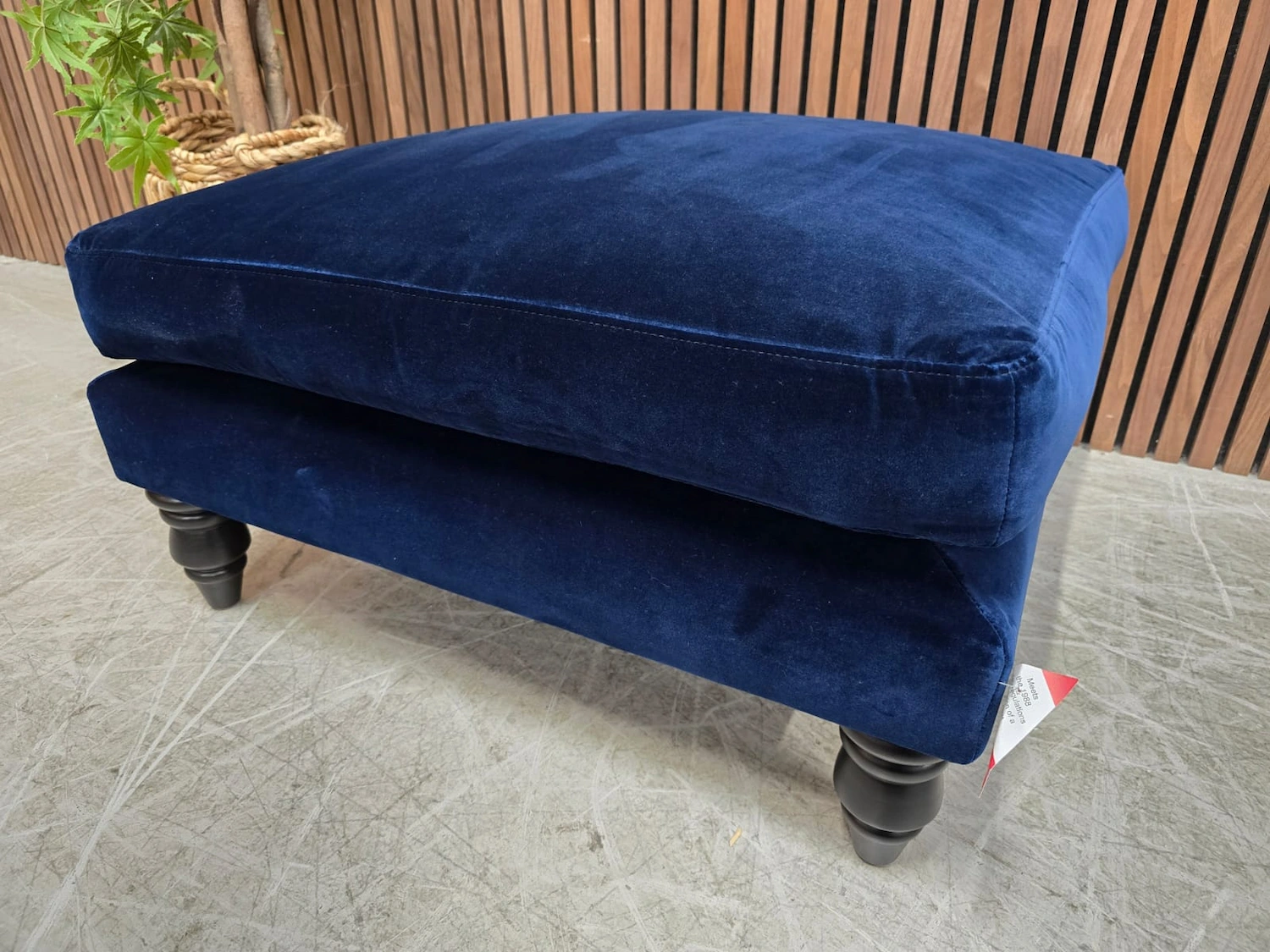 isla medium square footstool in prussian blue cotton matt velvet from the right side
