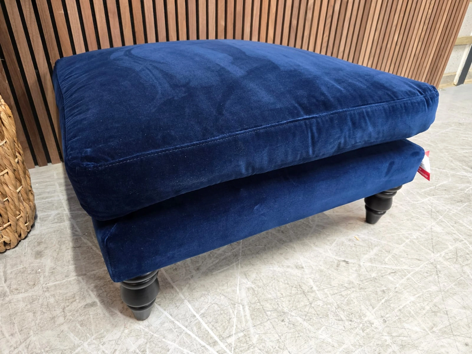 isla medium square footstool in prussian blue cotton matt velvet from the left side