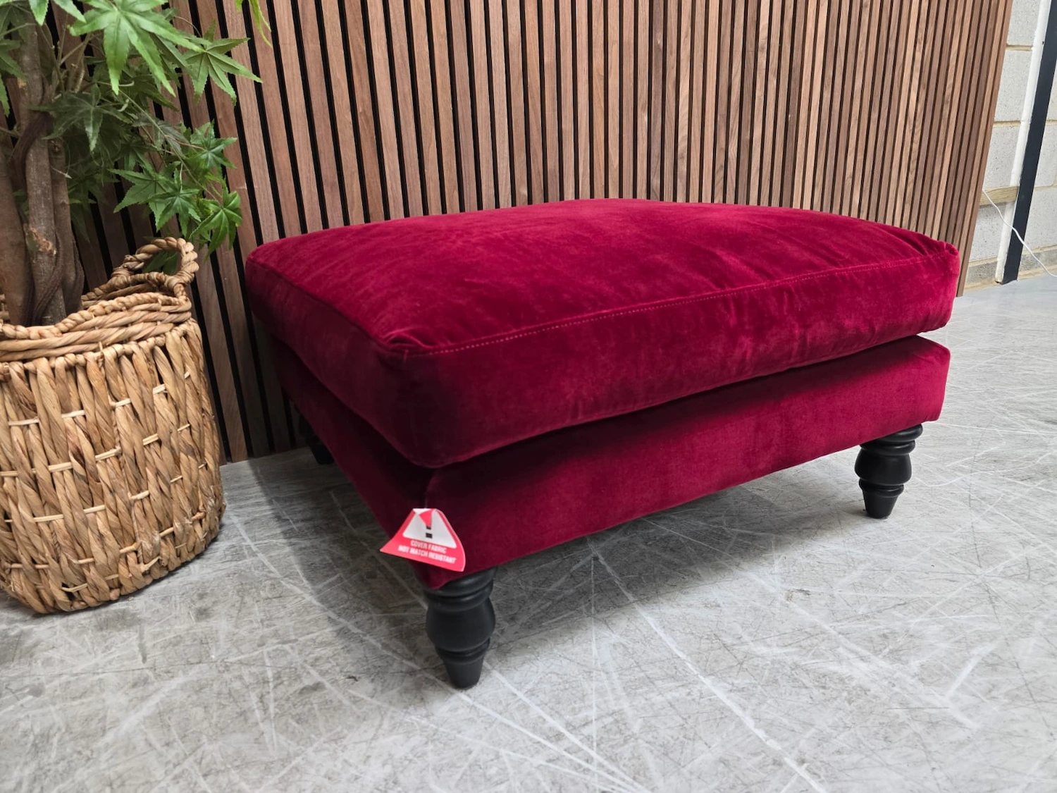 isla medium square footstool in malbec cotton matt velvet from the left side