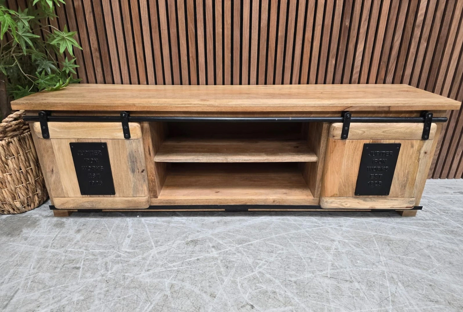 industrial mango wood and iron large tv stand