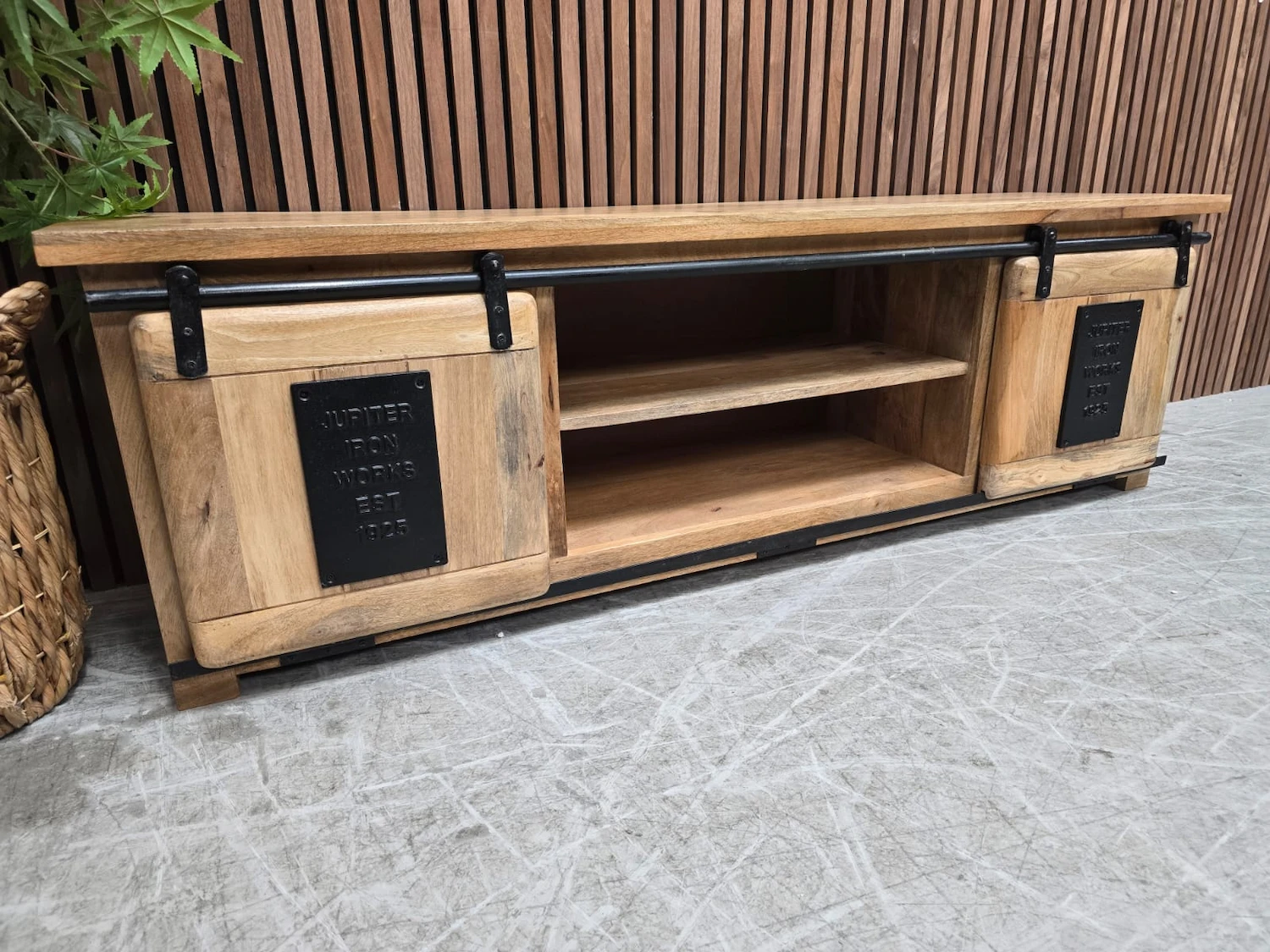 Mango & Iron large tv stand 2 industrial mango wood and iron large tv stand from the left side