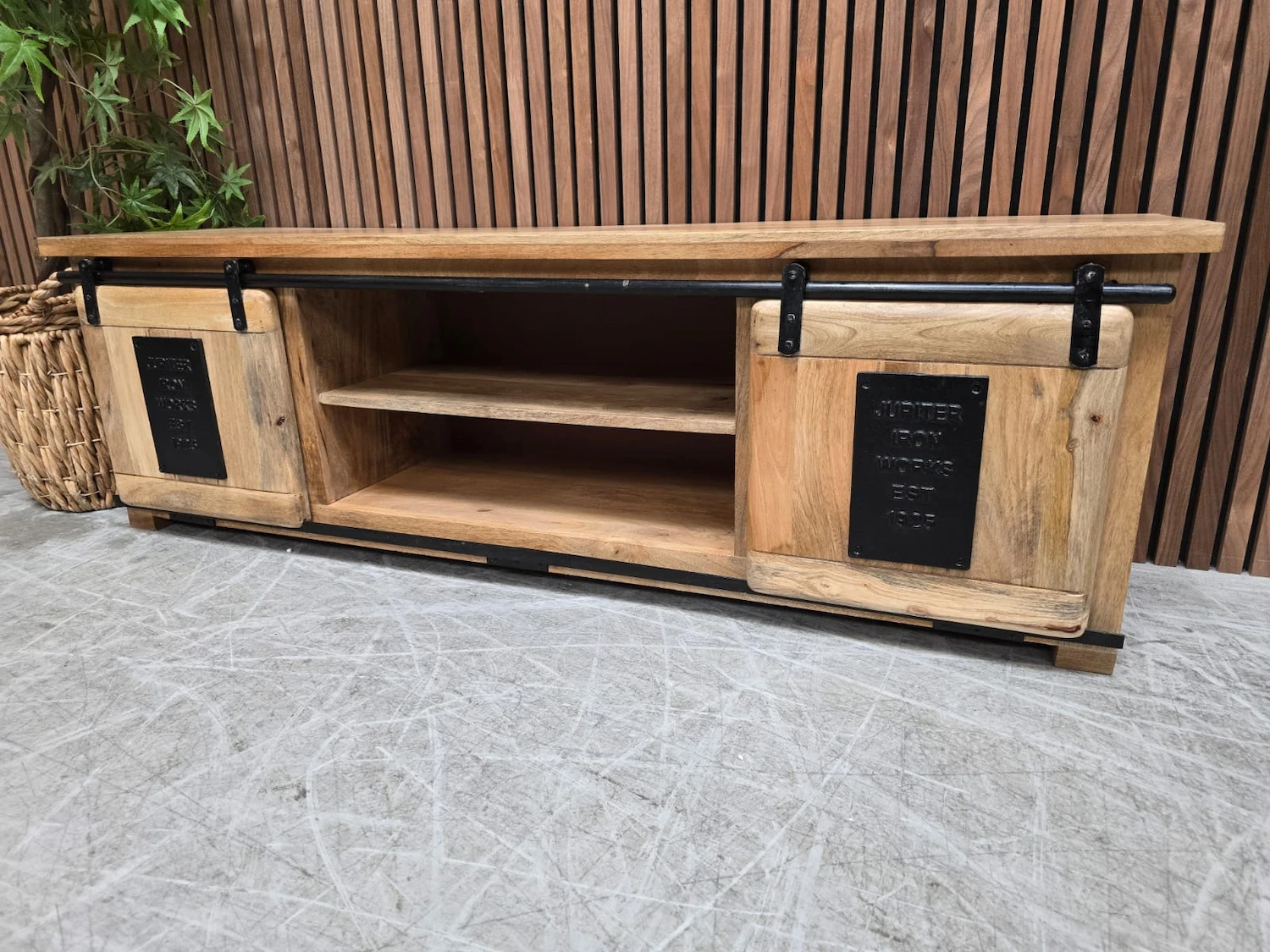 Mango & Iron large tv stand 3 industrial mango wooden and iron sideboard from the right side