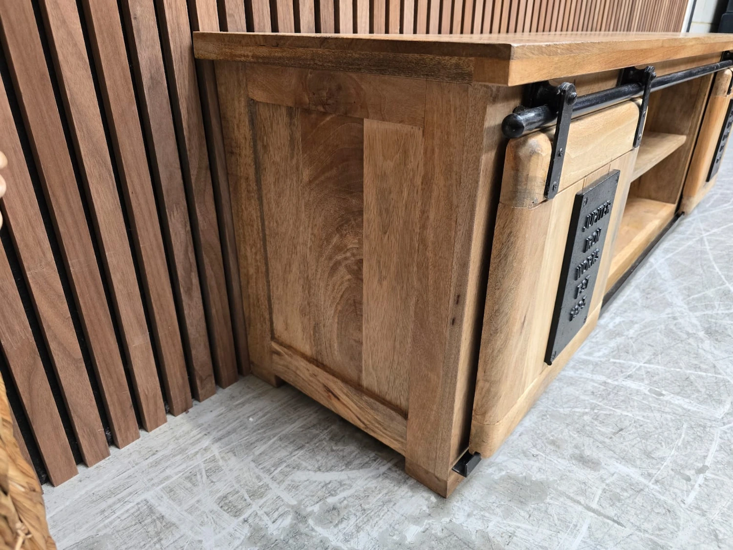 Mango & Iron large tv stand 4 side wood grain photo of the tv cabinet from the left