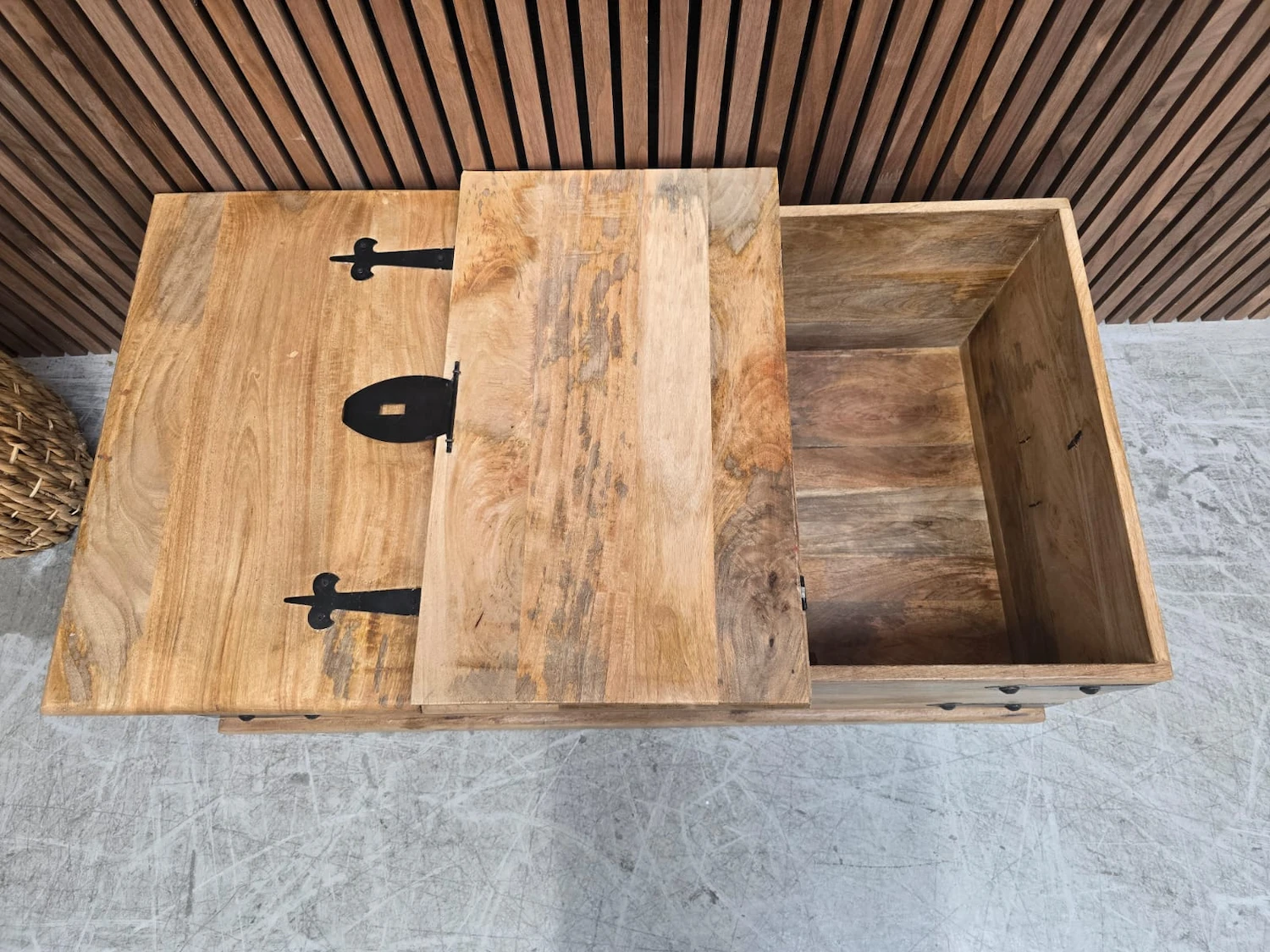 top right side open showing the storage compartment