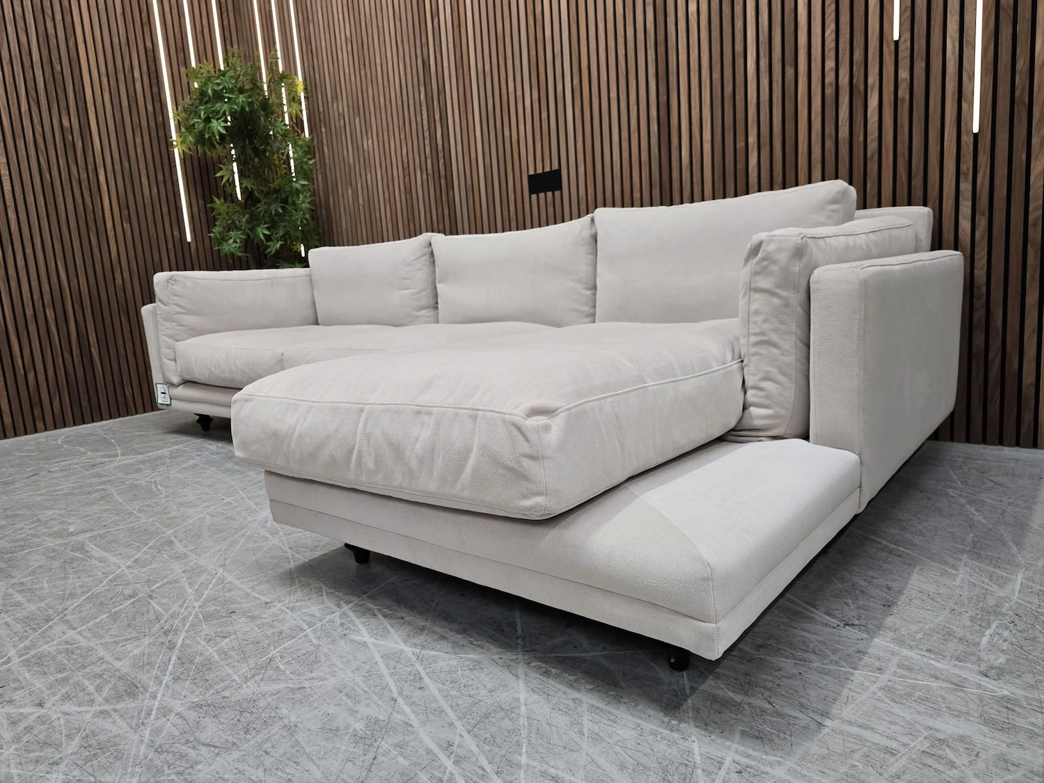 Marco right hand facing chaise sofa in sand aquaclean clever canvas from the right side