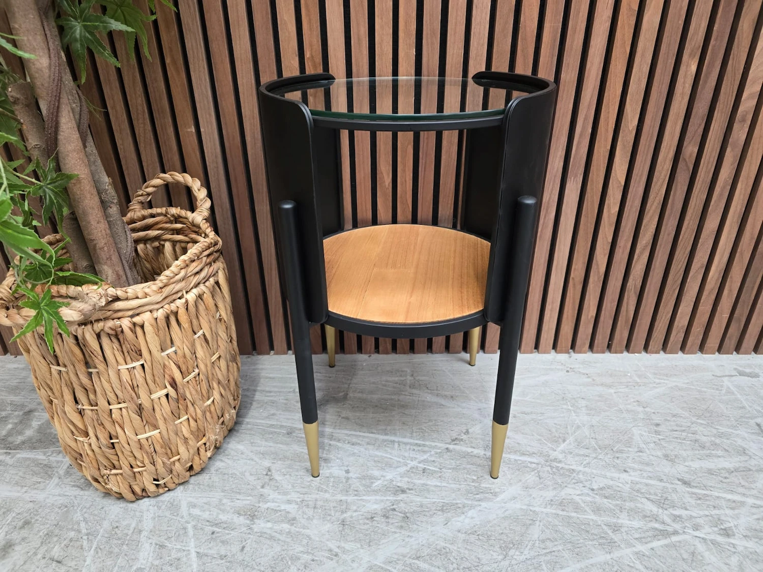 retro round black metal and glass side table