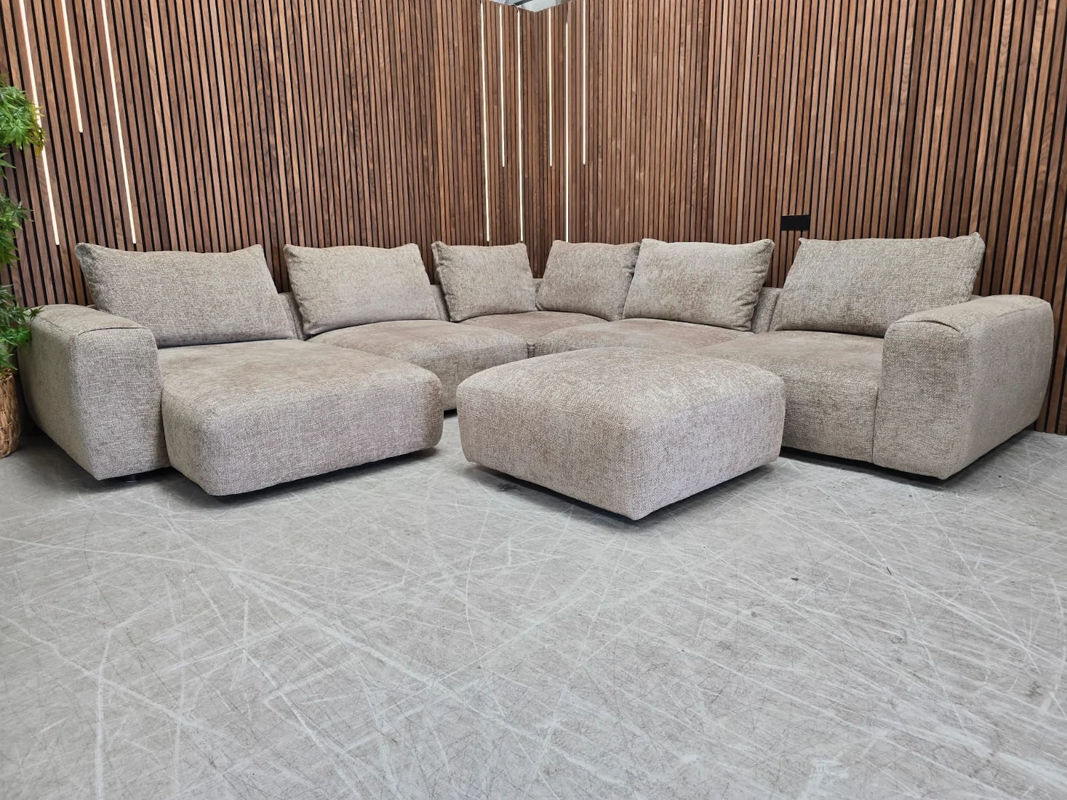 Rocco extra large modular corner sofa with chaise end and footstool in latte weave fabric