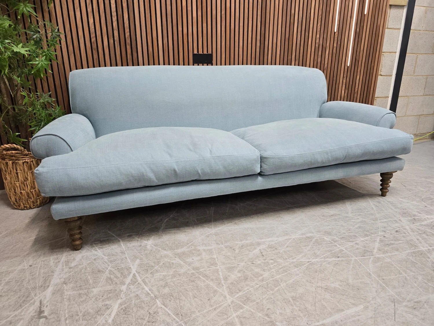 Saturday 3 seater sofa in lagoon Brushed Linen Cotton 2 left side photo of the saturday 3 seater sofa