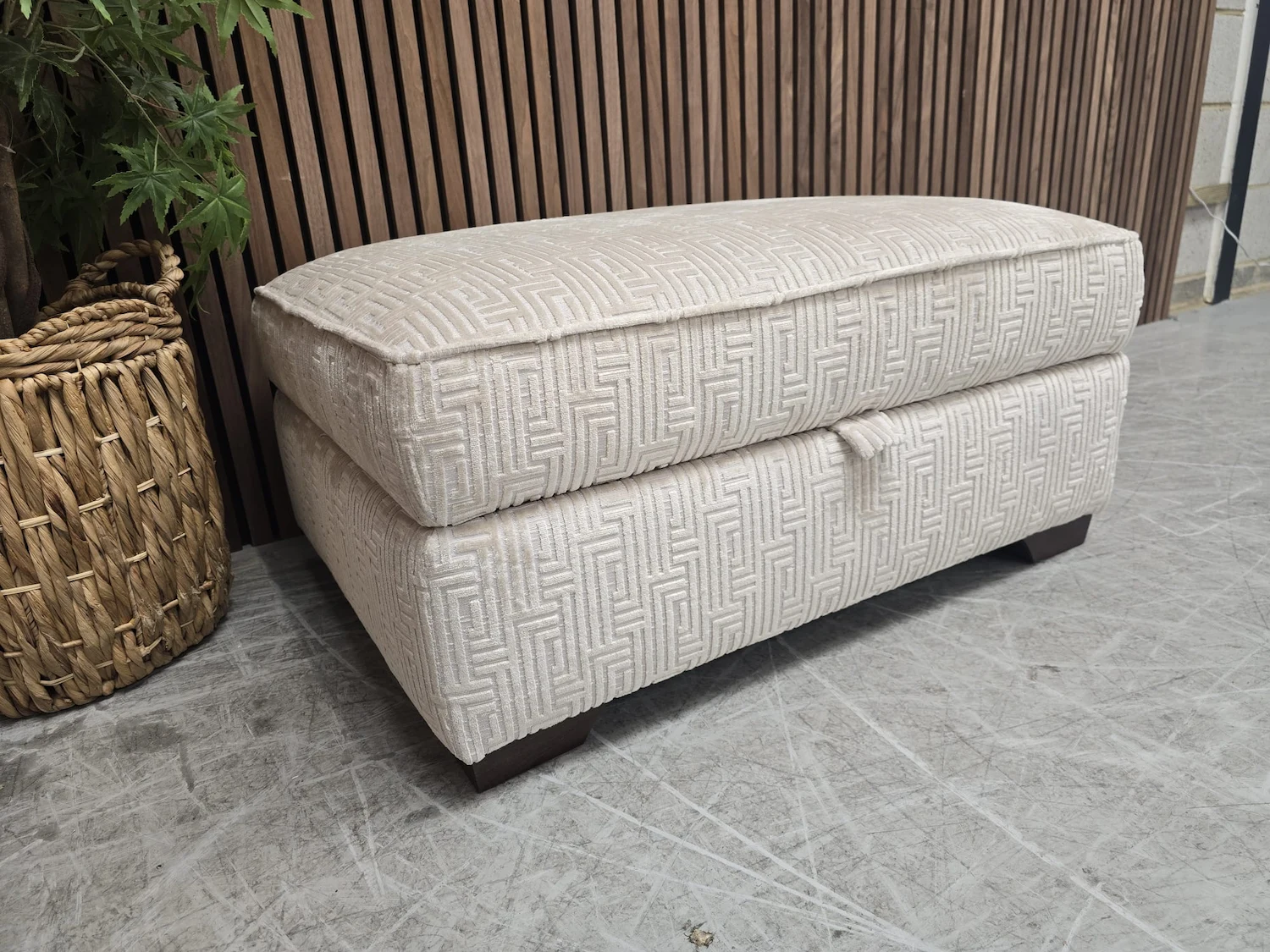 Valentino large storage footstool in patterned cream from the left side