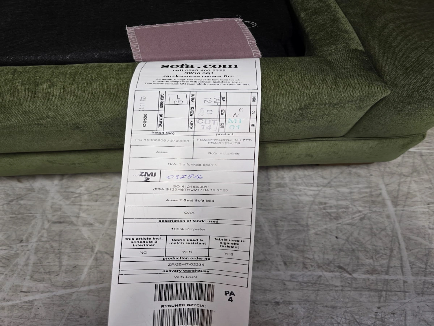 picture of the Aissa sofa bed tag
