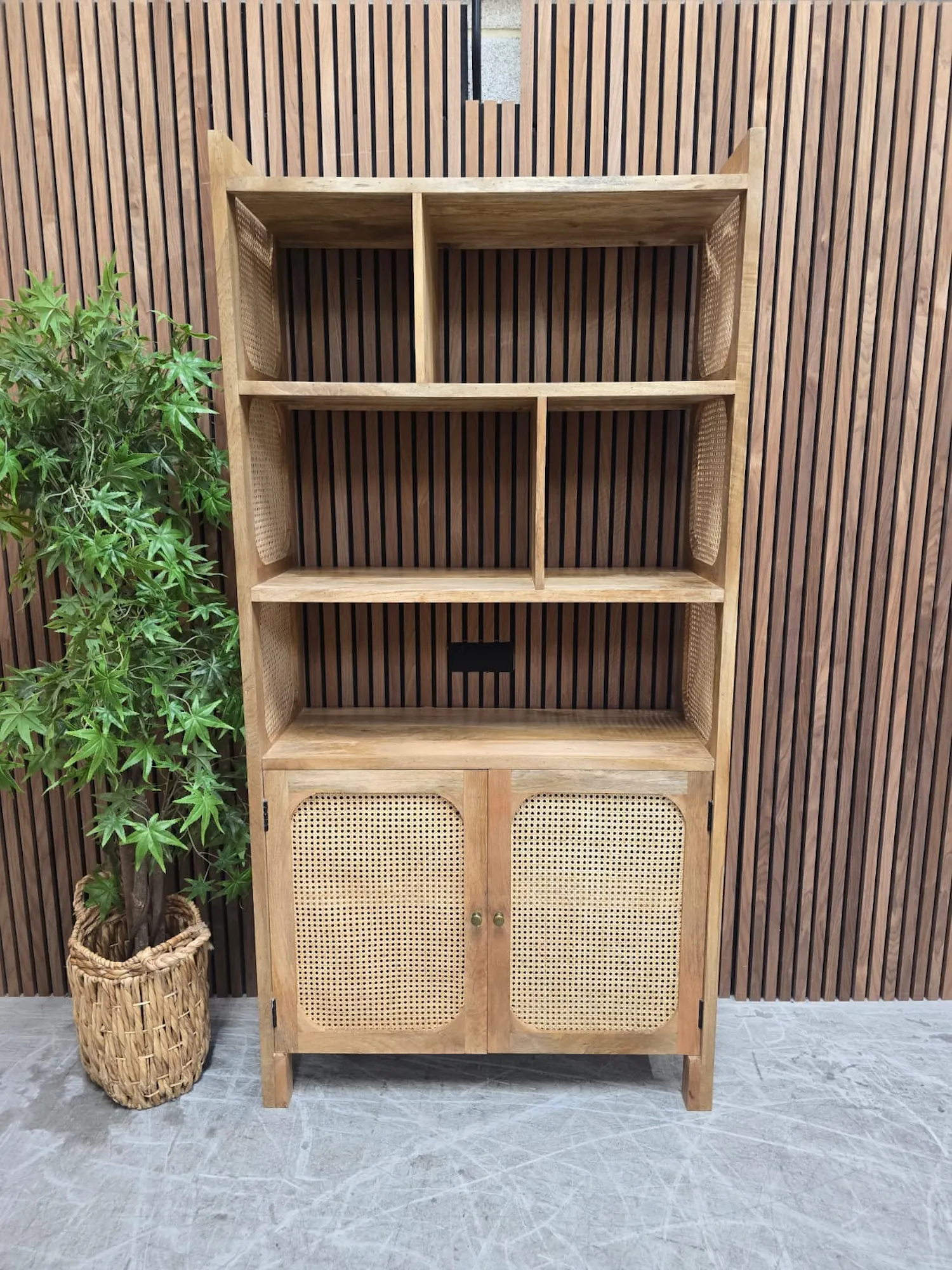 Boho mango wood and rattan shelving unit with cupboard