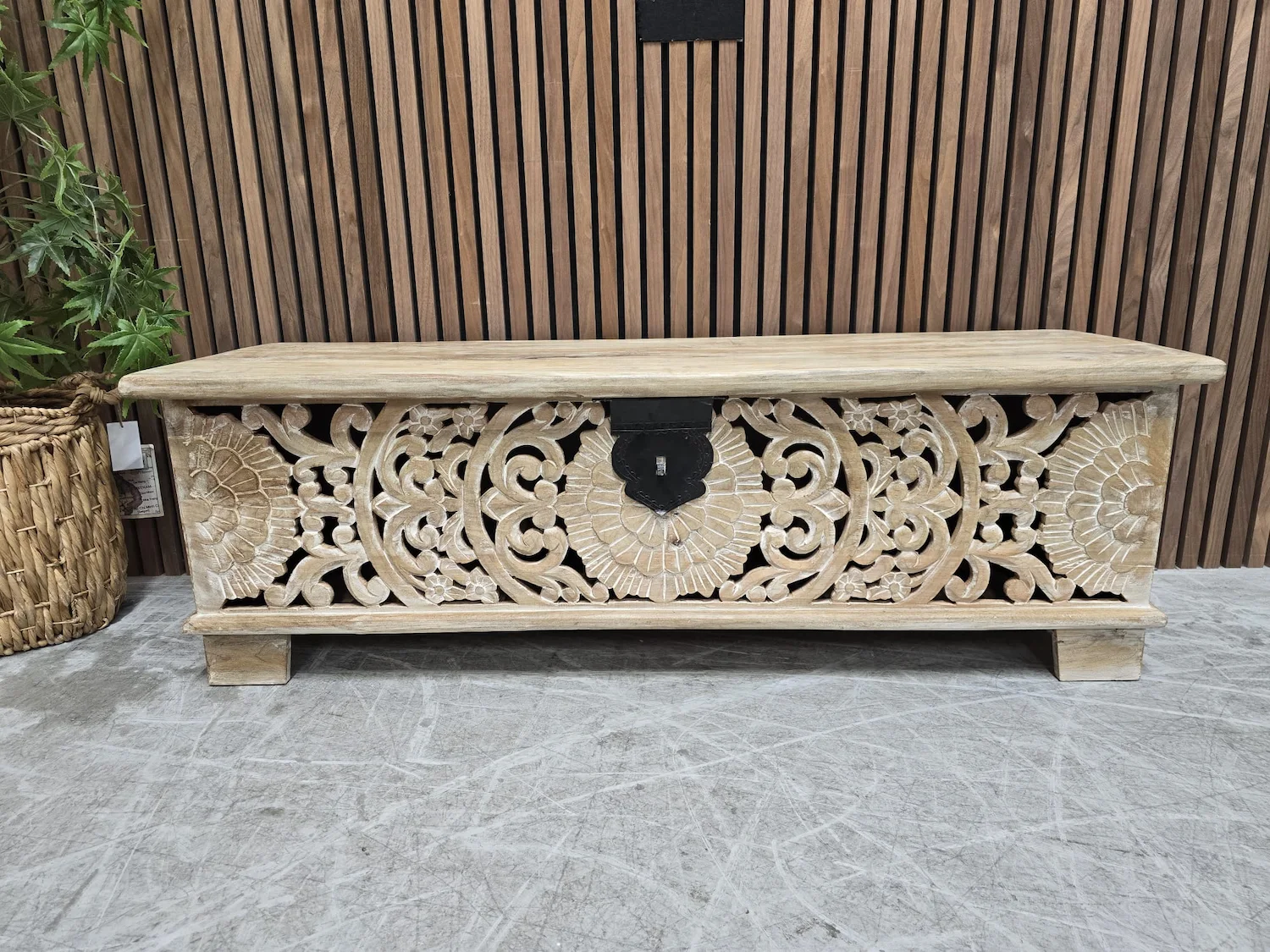Carved Mango wood storage bench