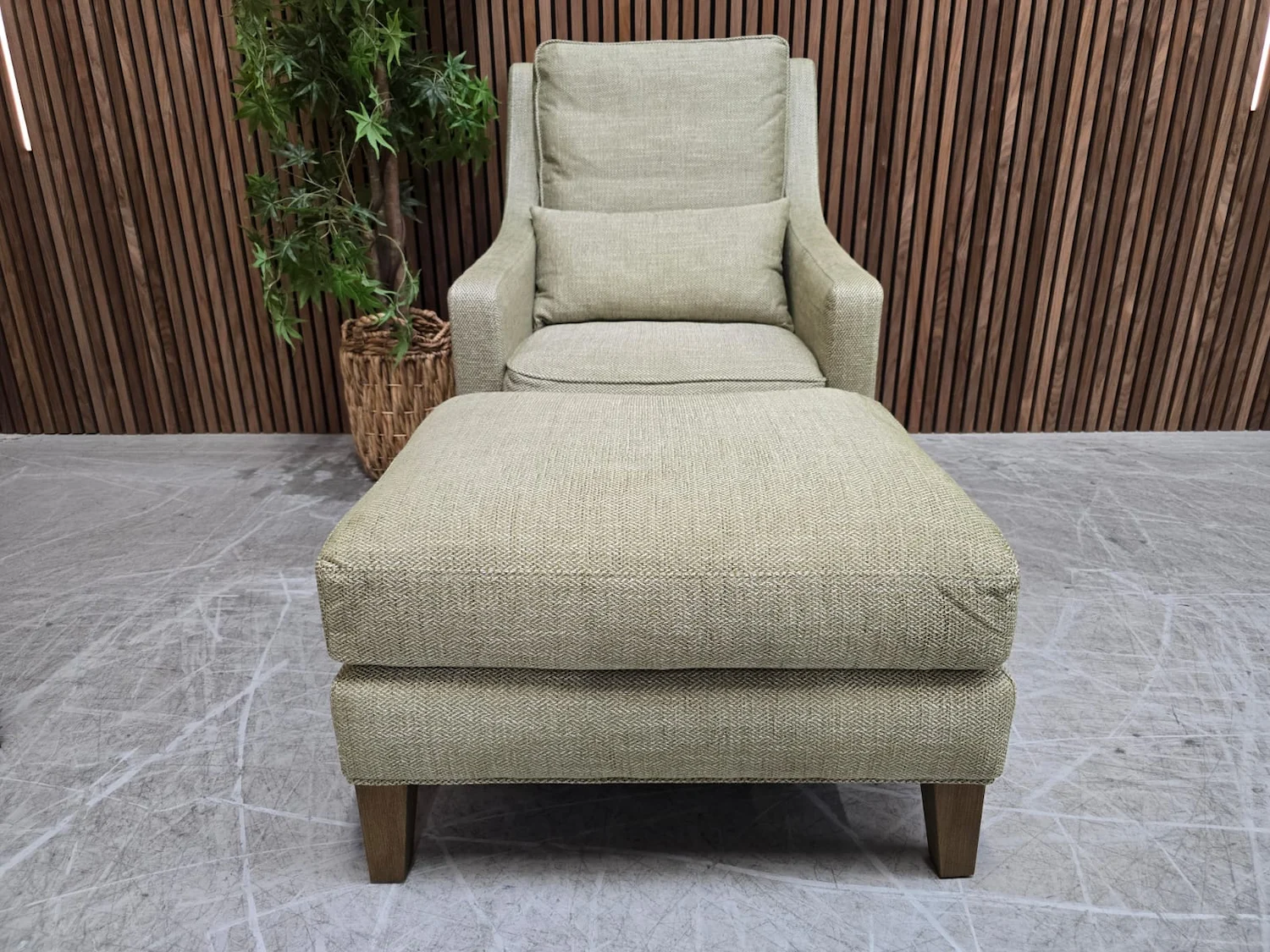 Iggy high back armchair & footstool in palm silky jaquard weave