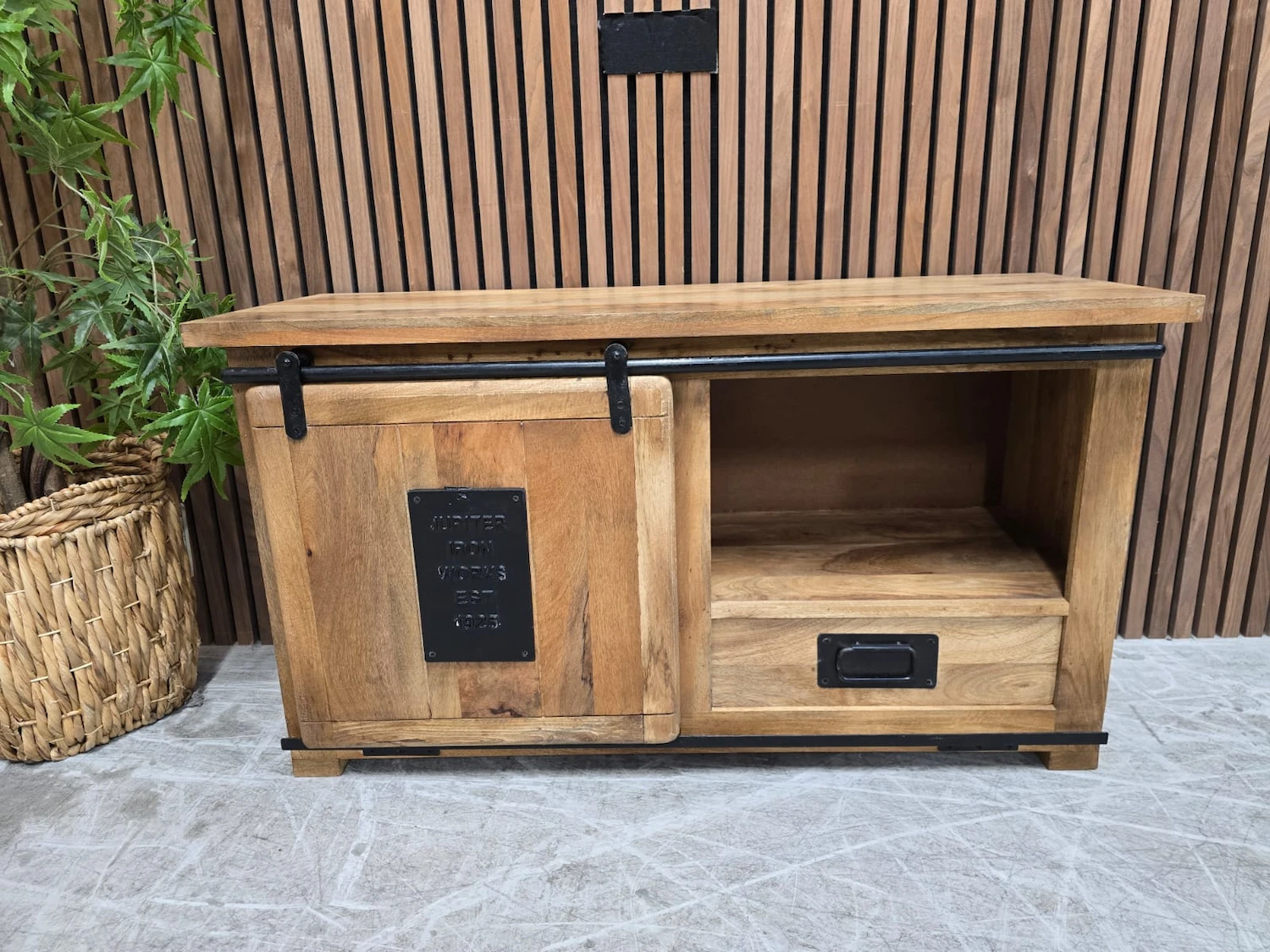 Industrial rustic one drawer sliding door tv stand