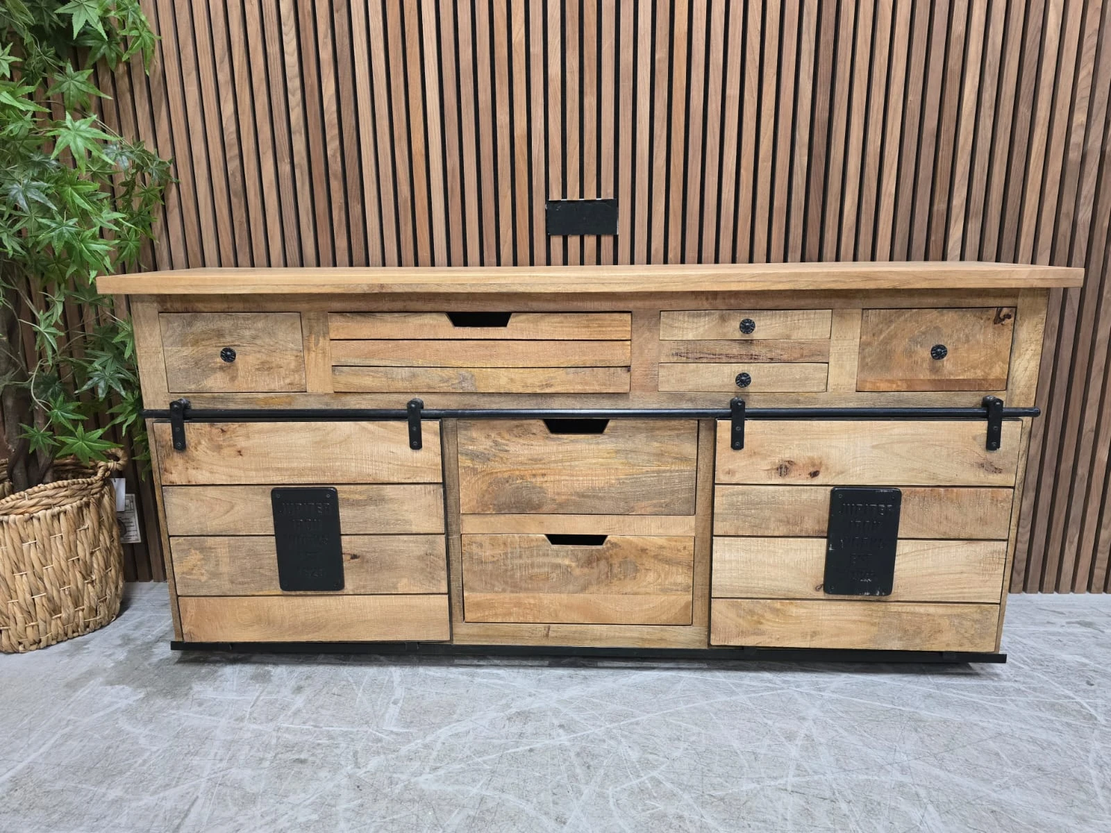 Industrial rustic mango wood sideboard with sliding doors