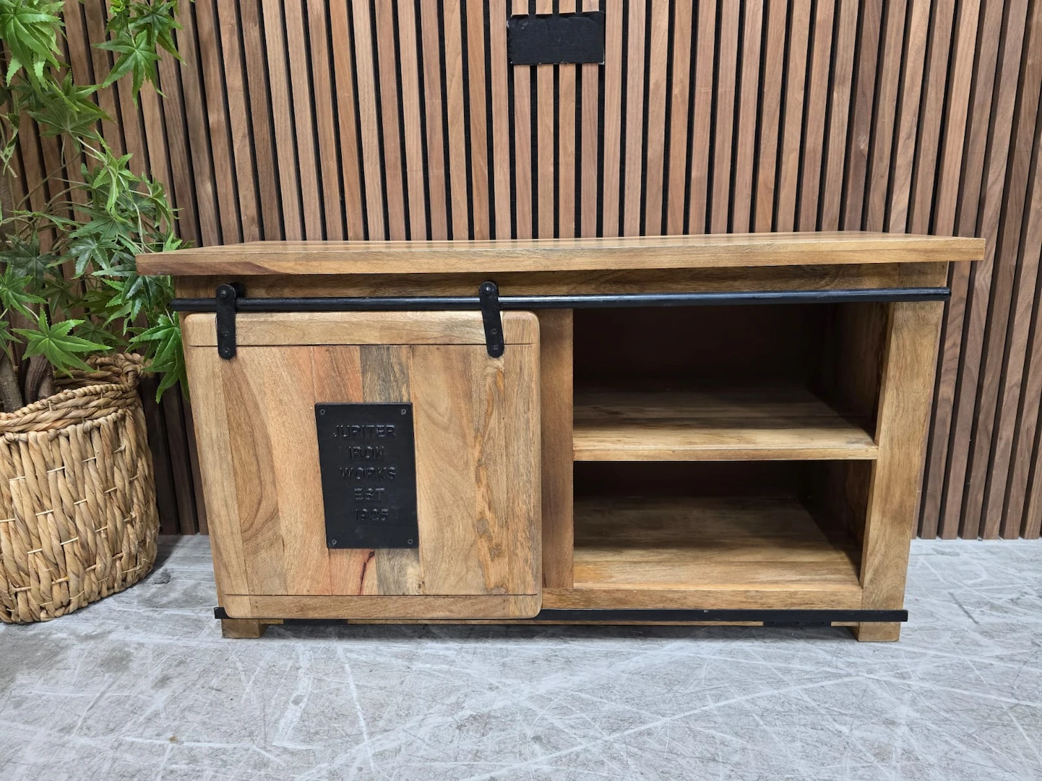 industrial mango wood & iron sliding door tv stand