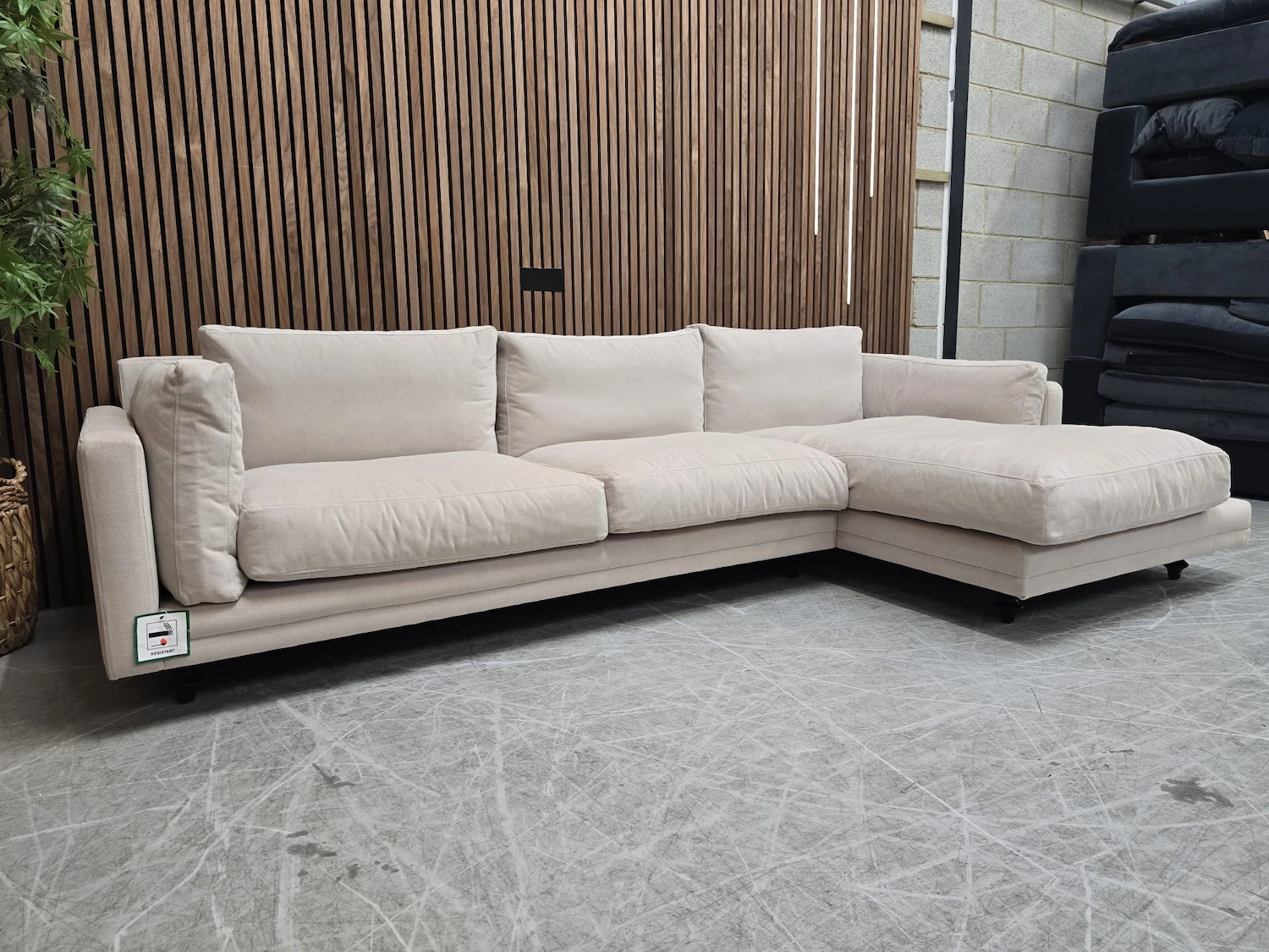 Marco right hand facing chaise sofa in sand aquaclean clever canvas from the left side