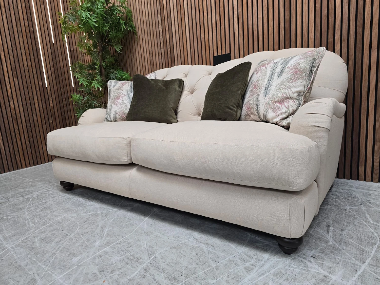 Dumpling Button back 3 seater sofa in natural fabric from the right side