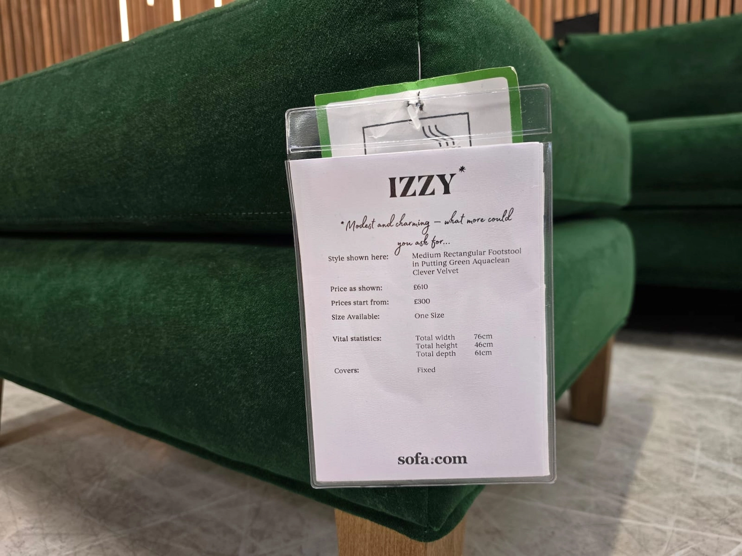 Izzy 2.5 seater in putting green aquaclean Clever Velvet 4