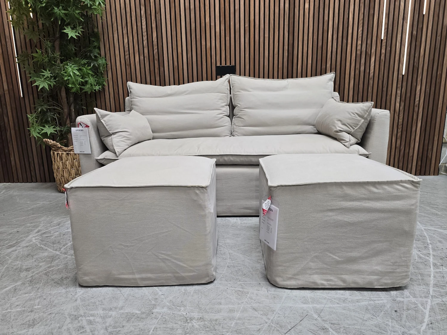 anders 2 seater sofa and two footstools in stoneware easy cotton